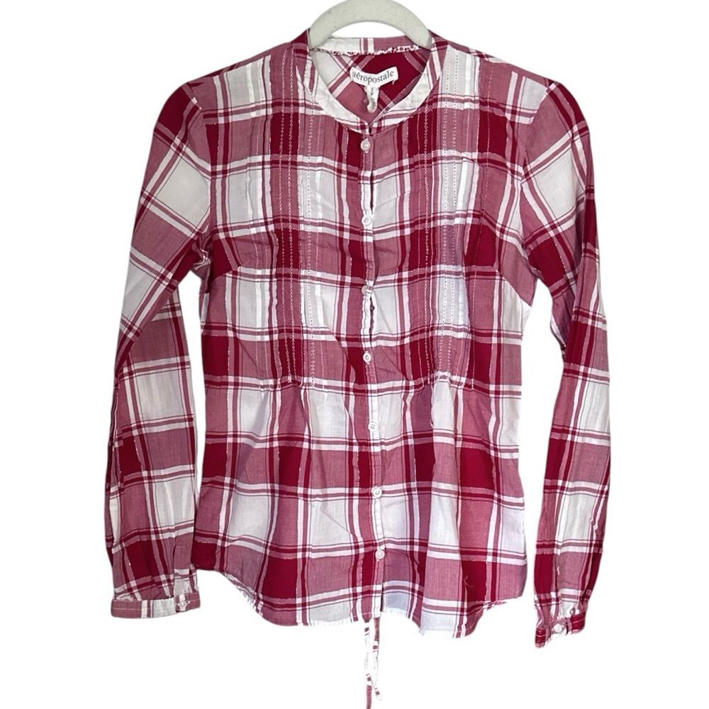 Aeropostale Sz S Y2K Plaid Flannel Shirt Button Up Metallic Stripe Collarless